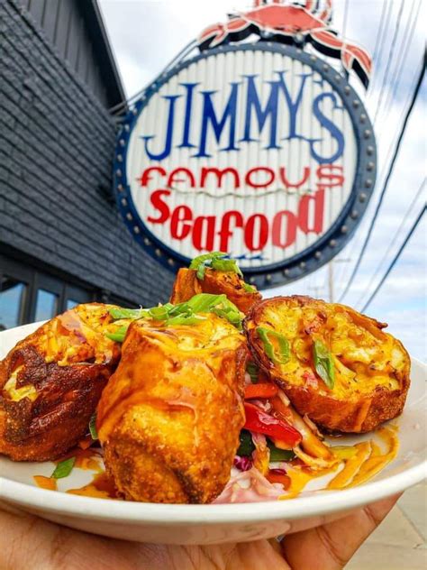 Famous jimmy's seafood - seafood as seen on beat bobby flay . famous crab cake, fried shrimp, fried oysters, and shrimp salad on our homemade bread with lettuce, tomato, and bay sauce huge ufo as seen on ginormousfoods *jimmy's 16 topped mini crab cheddar cheese '$1 upcharge for hour special crabby patty 16 famous crab dip . $1 for special sthe …